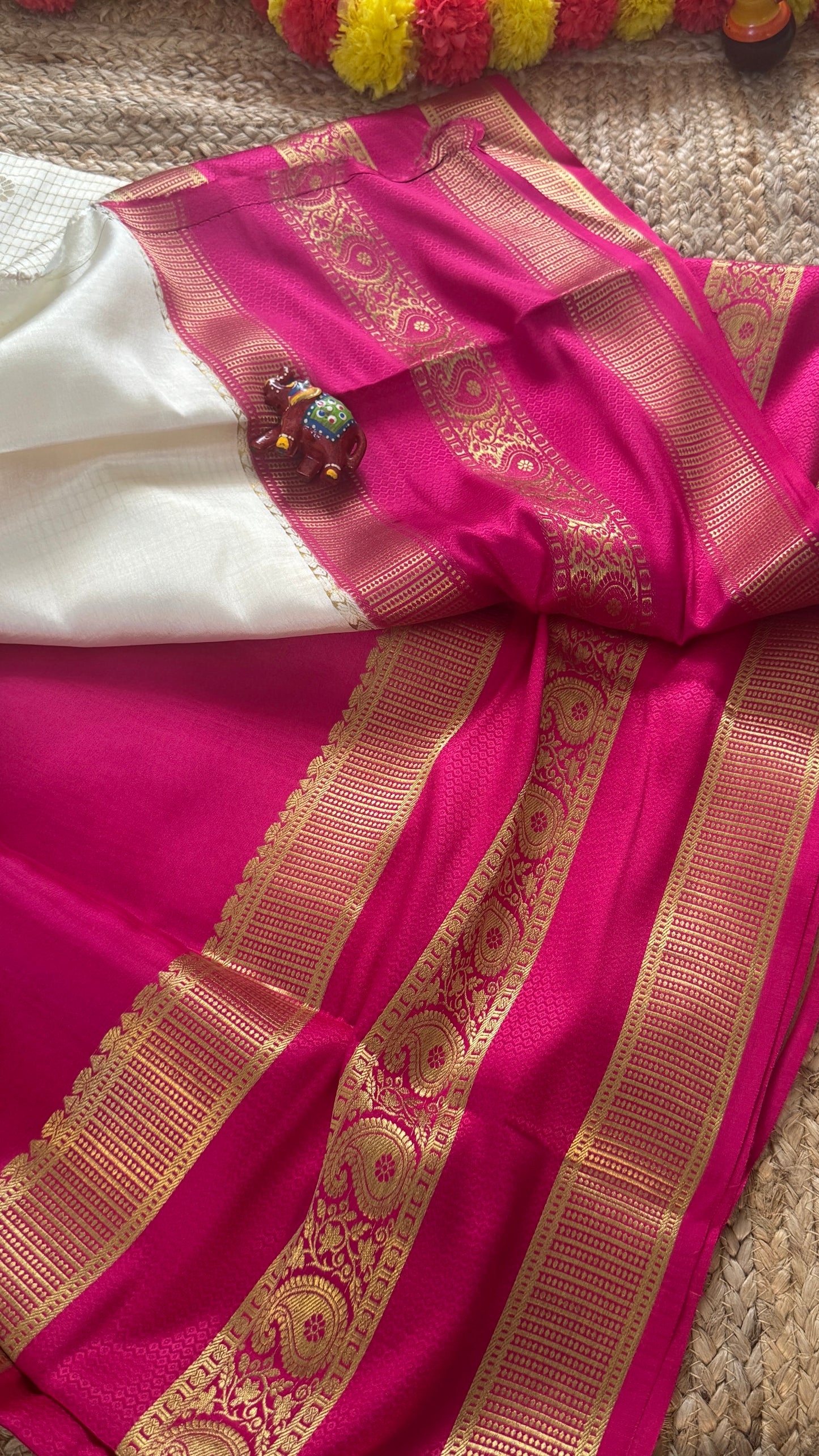 Pure Mysore Silk | Bespoke - Gap Weft White n Pink - Mysuru - 05