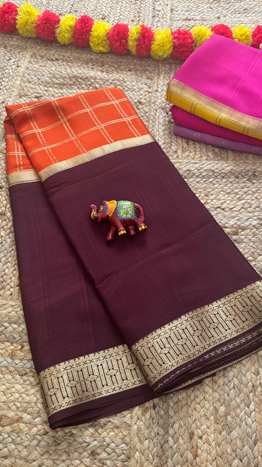 Pure Mysore Silk | Bespoke - Centre Checks Orange n Brown - Mysuru - 05