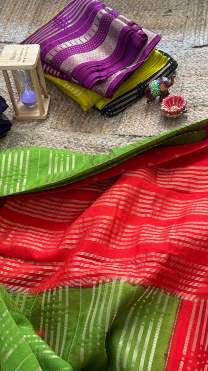 Semi Silk Saree in 2D - Green and Red