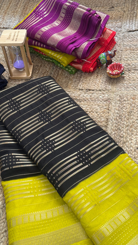 Semi Silk Saree in 2D - Black and Yellow