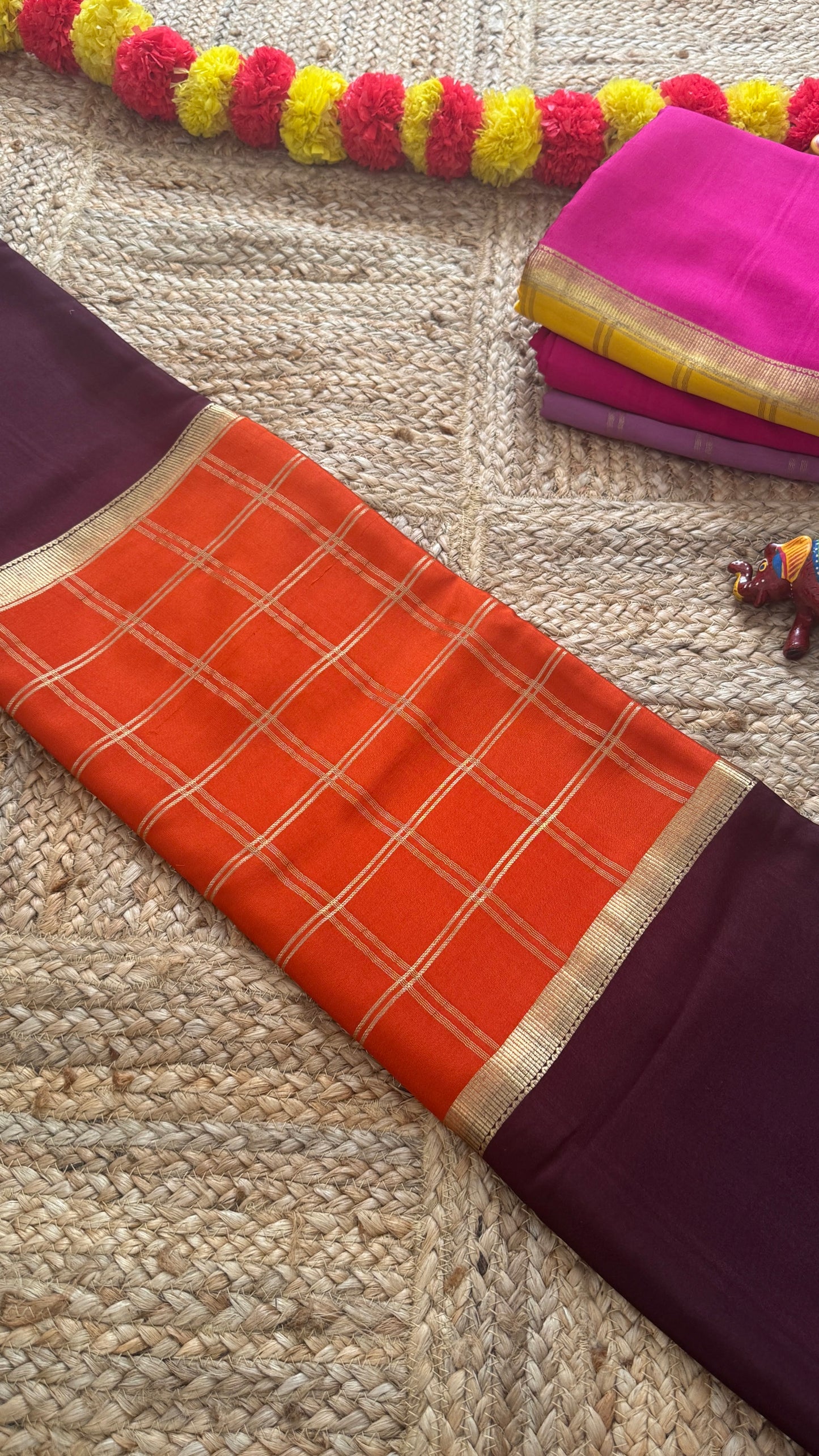 Pure Mysore Silk | Bespoke - Centre Checks Orange n Brown - Mysuru - 05