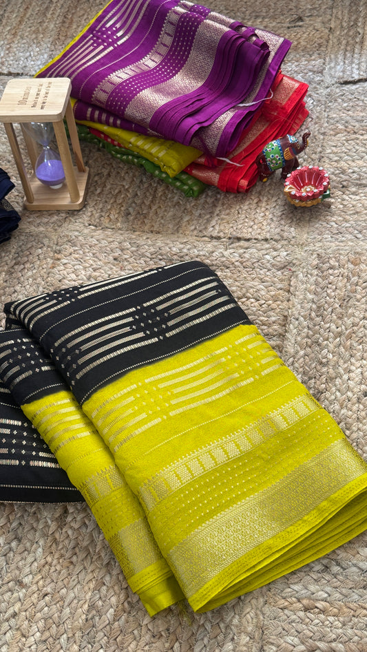 Semi Silk Saree in 2D - Black and Yellow