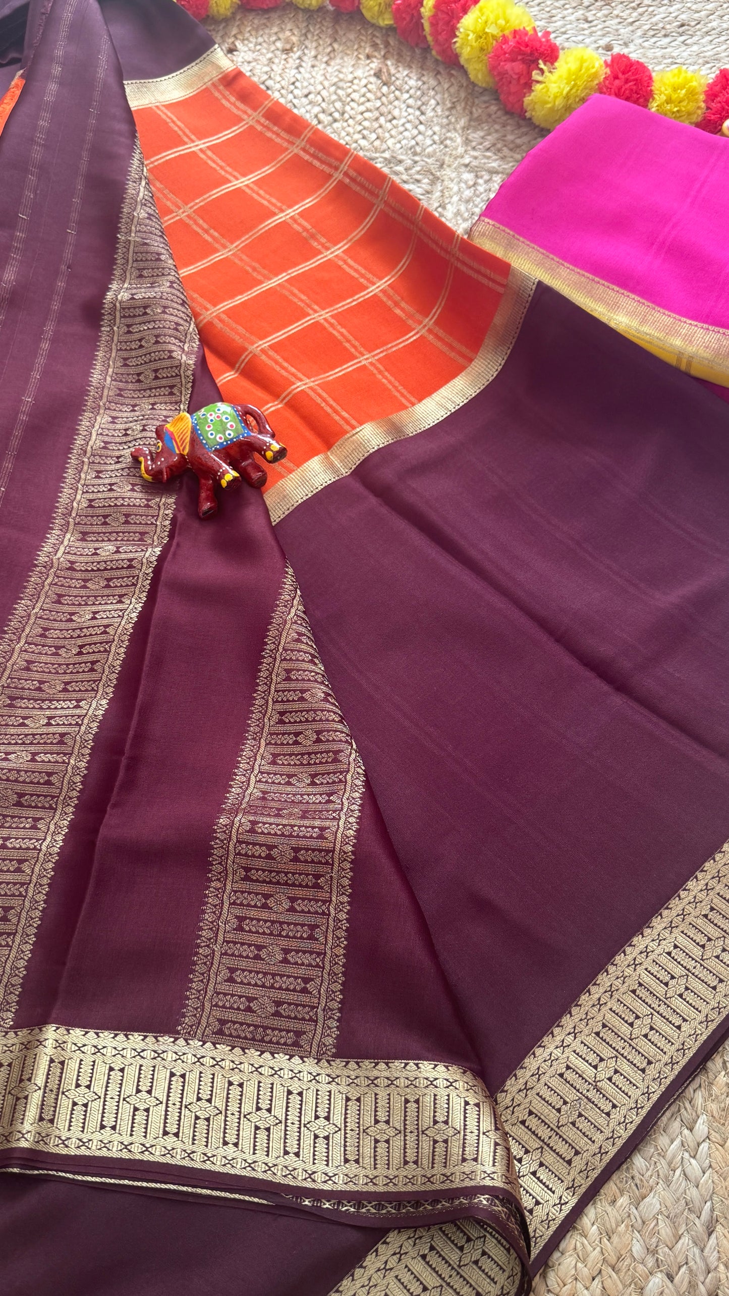 Pure Mysore Silk | Bespoke - Centre Checks Orange n Brown - Mysuru - 05