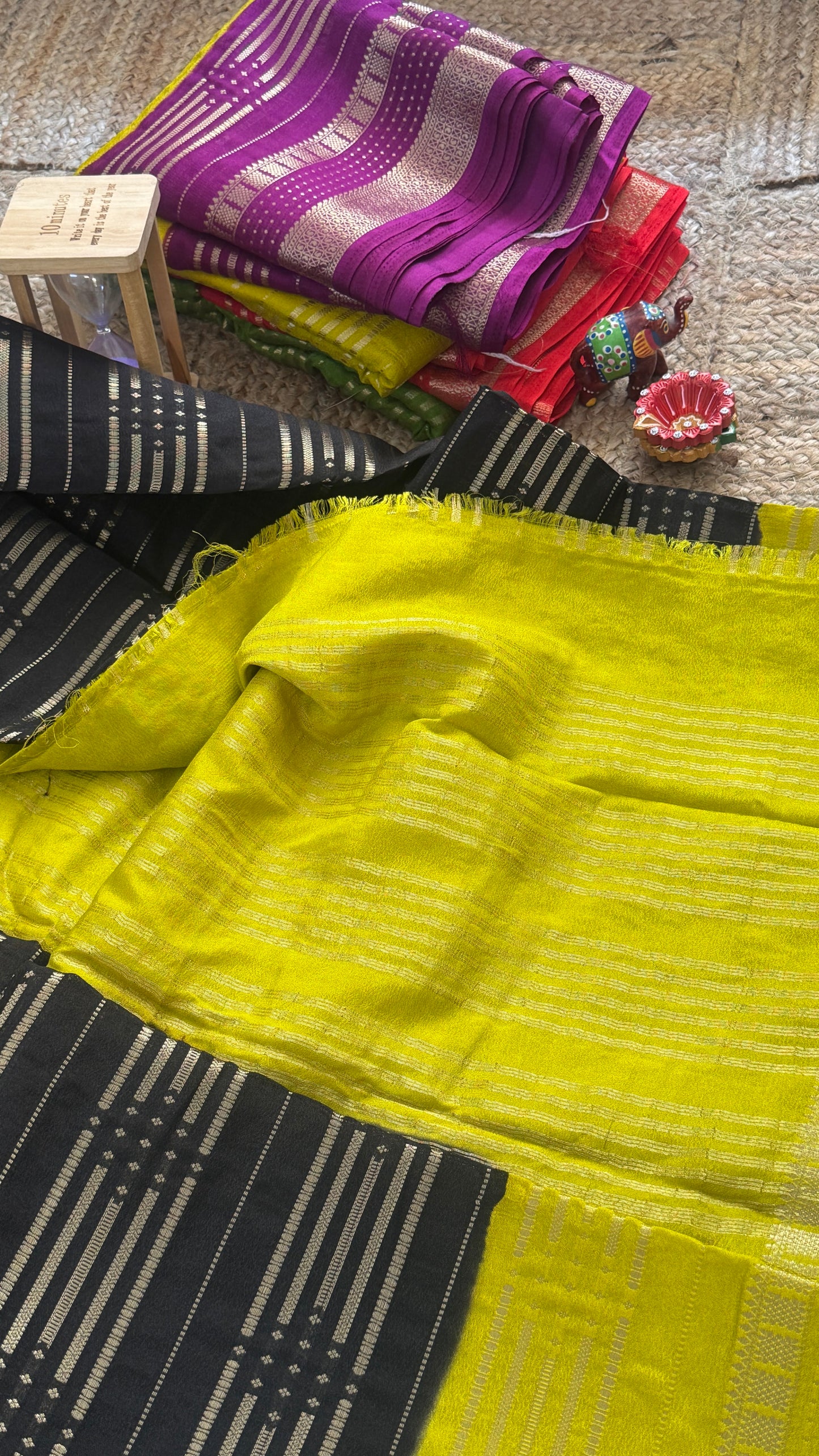 Semi Silk Saree in 2D - Black and Yellow
