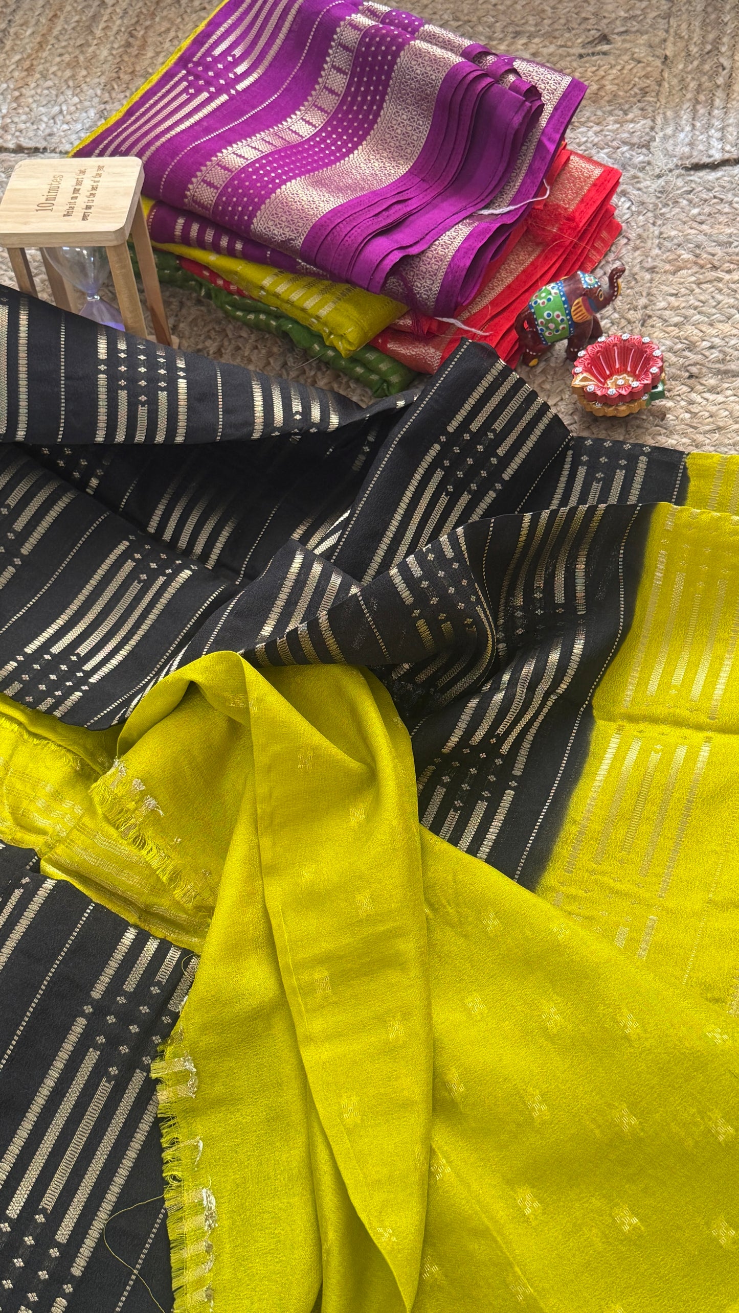 Semi Silk Saree in 2D - Black and Yellow