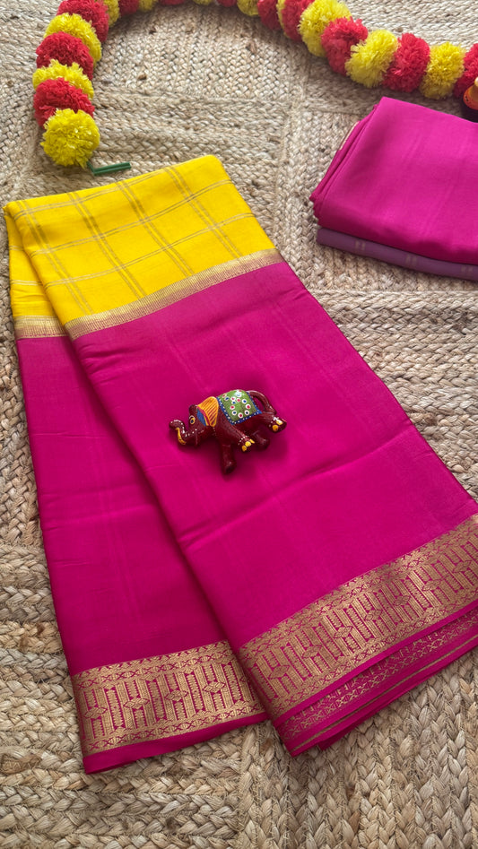 Pure Mysore Silk | Bespoke - Centre Checks Yellow n Pink - Mysuru - 05