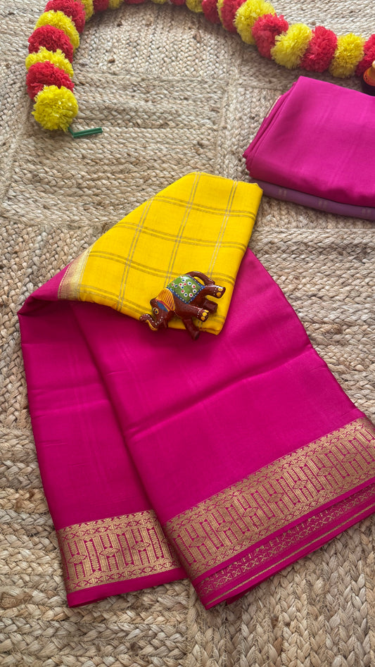 Pure Mysore Silk | Bespoke - Centre Checks Yellow n Pink - Mysuru - 05
