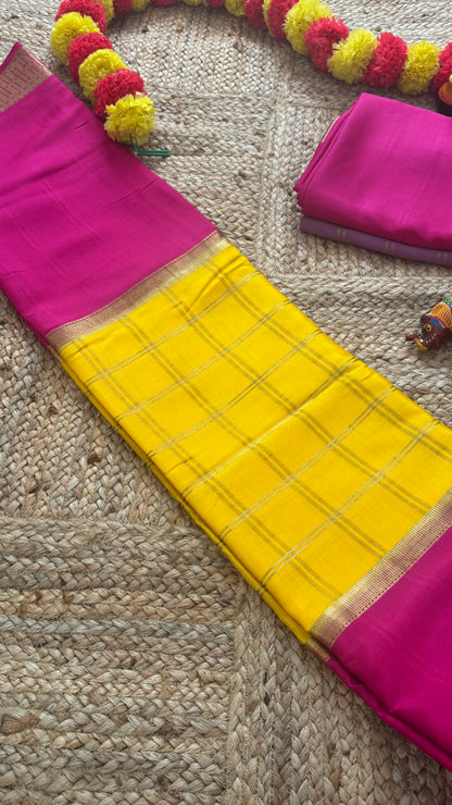 Pure Mysore Silk | Bespoke - Centre Checks Yellow n Pink - Mysuru - 05