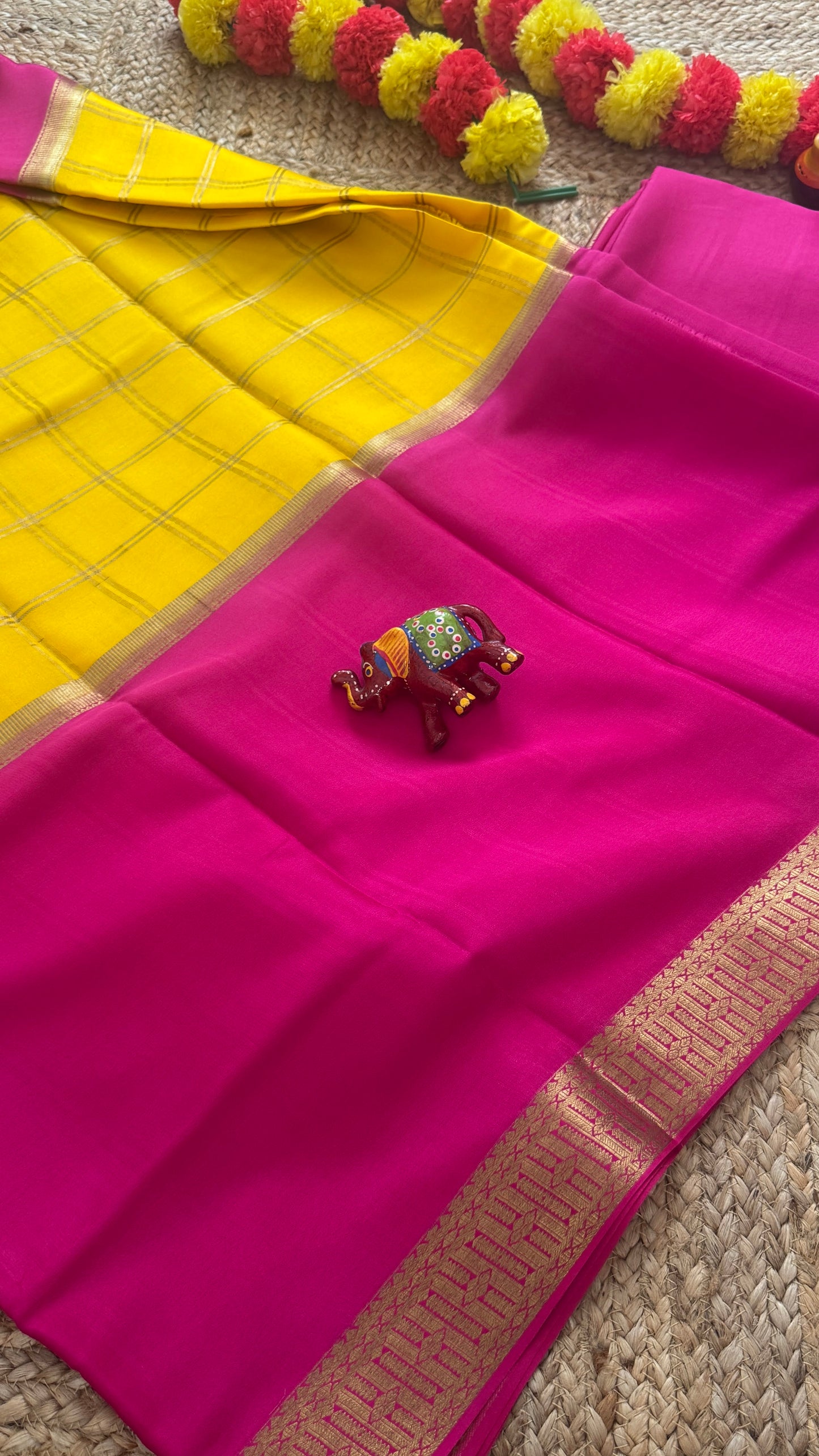 Pure Mysore Silk | Bespoke - Centre Checks Yellow n Pink - Mysuru - 05