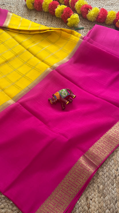 Pure Mysore Silk | Bespoke - Centre Checks Yellow n Pink - Mysuru - 05