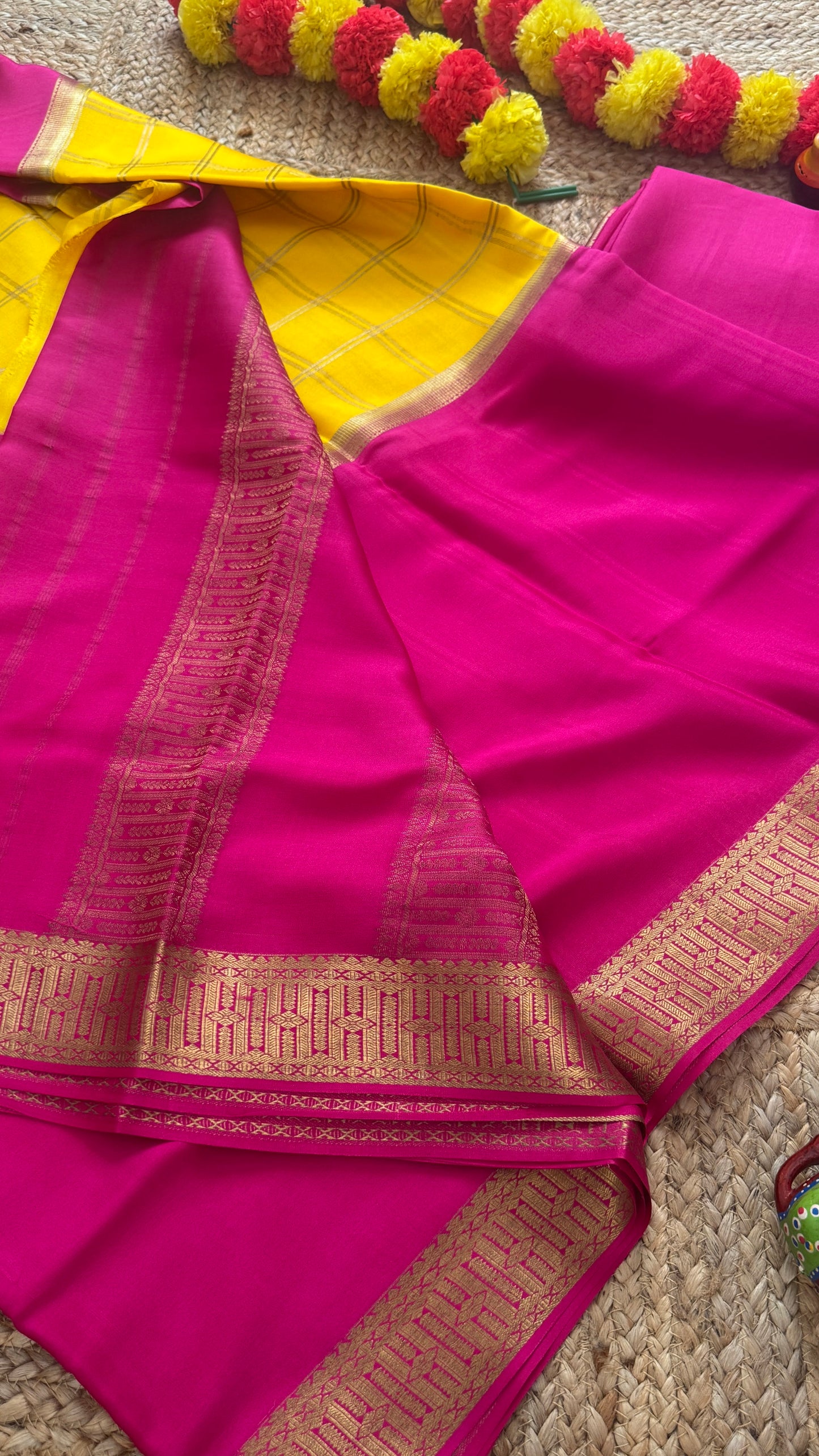 Pure Mysore Silk | Bespoke - Centre Checks Yellow n Pink - Mysuru - 05