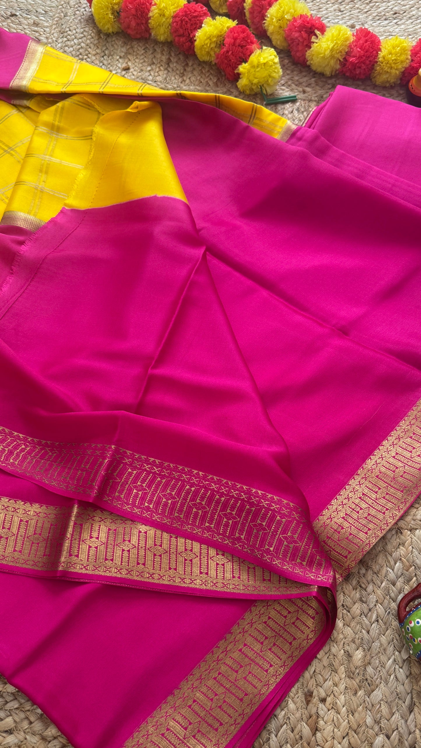 Pure Mysore Silk | Bespoke - Centre Checks Yellow n Pink - Mysuru - 05