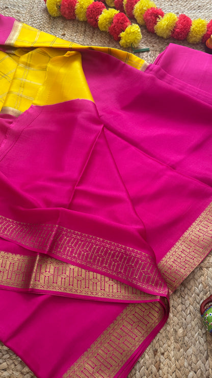 Pure Mysore Silk | Bespoke - Centre Checks Yellow n Pink - Mysuru - 05