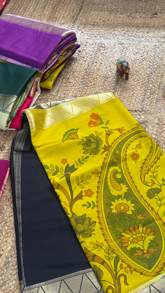 Kalamakari Black  &  Yellow Silk Saree