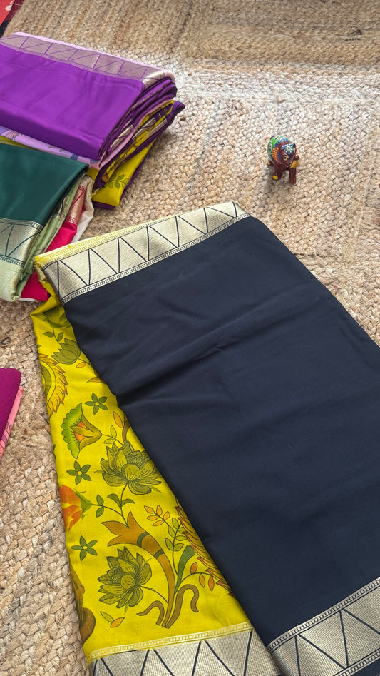 Kalamakari Black  &  Yellow Silk Saree