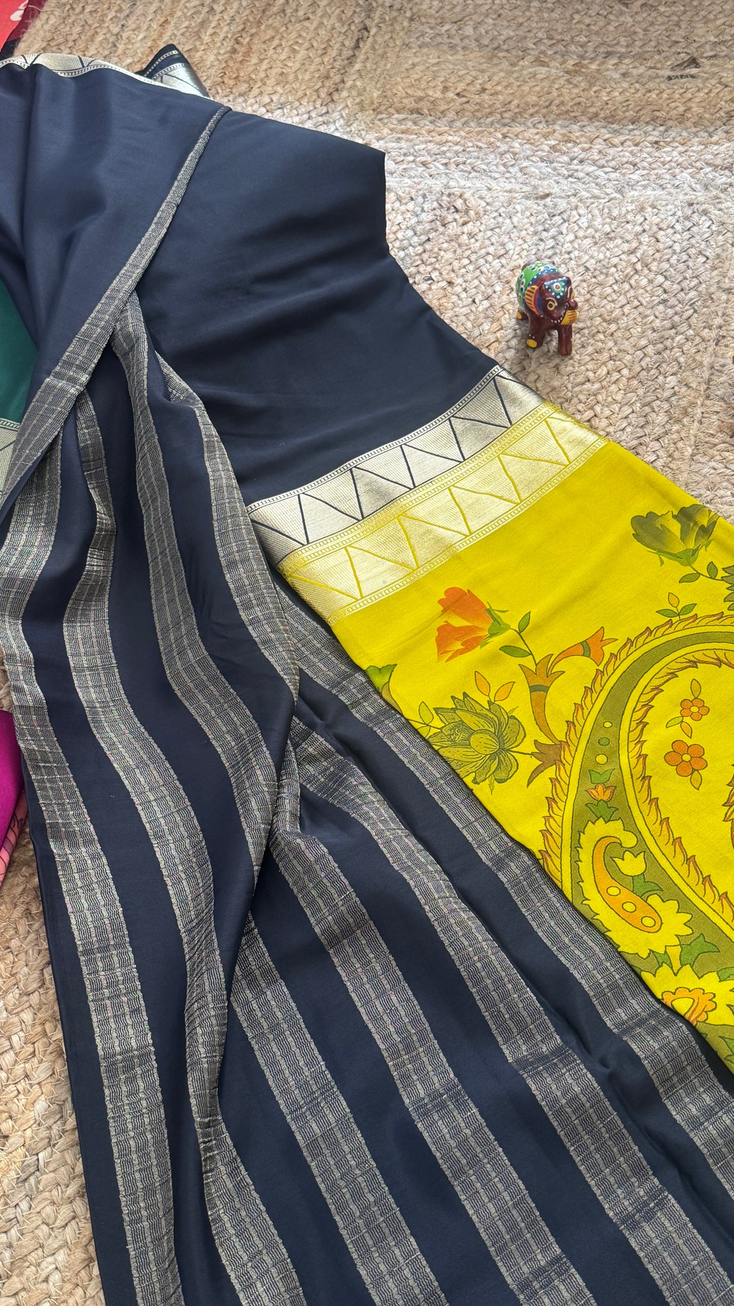 Kalamakari Black  &  Yellow Silk Saree