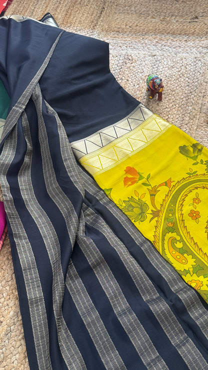 Kalamakari Black  &  Yellow Silk Saree