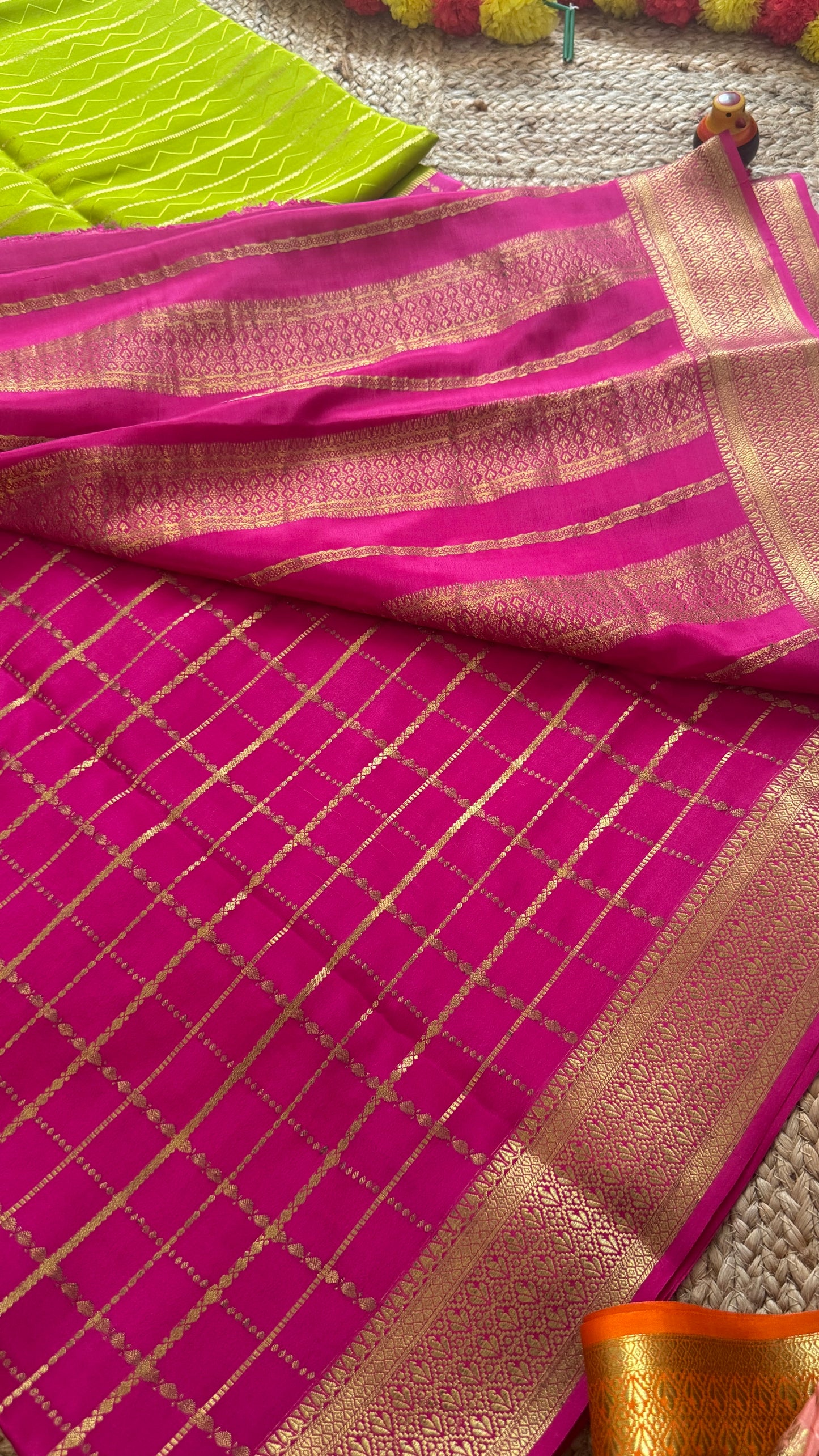 Pure Mysore Silk | Bespoke - HnH Checks Green n Pink - Mysuru - 05