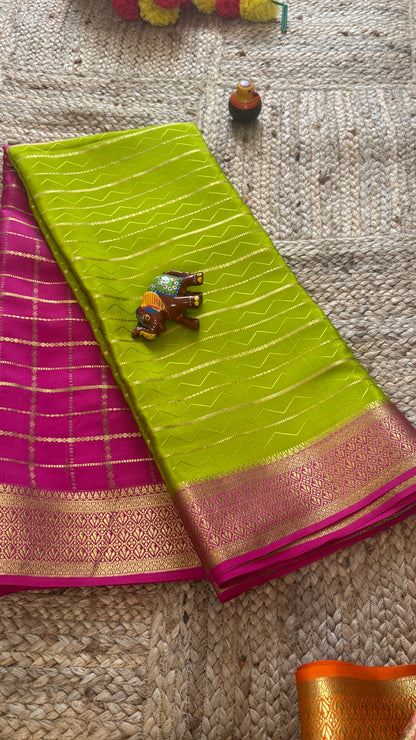 Pure Mysore Silk | Bespoke - HnH Checks Green n Pink - Mysuru - 05