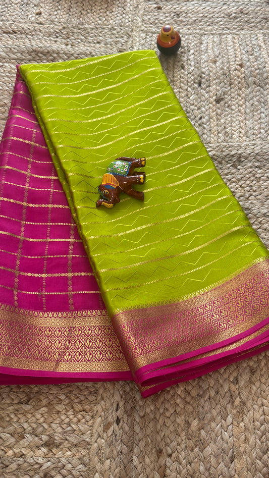 Pure Mysore Silk | Bespoke - HnH Checks Green n Pink - Mysuru - 05