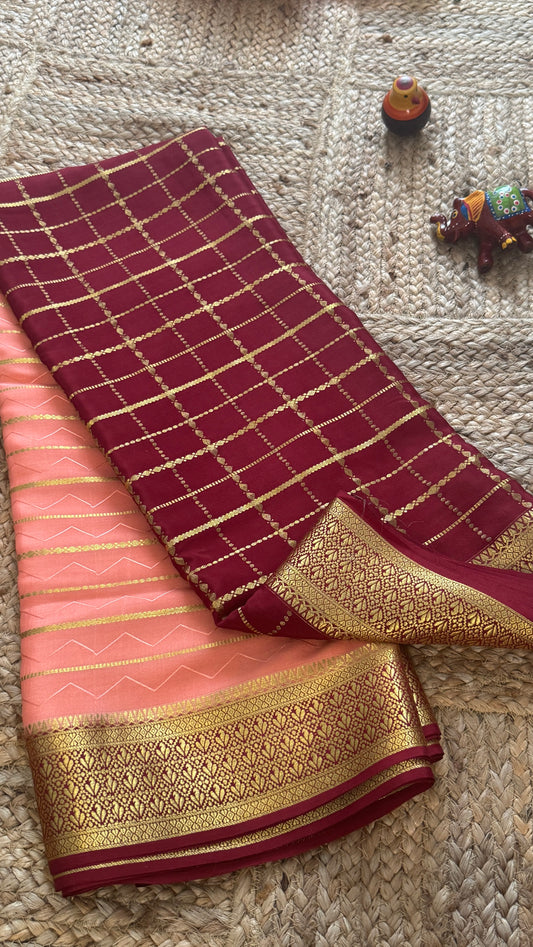 Pure Mysore Silk | Bespoke - HnH Checks Peach n Brown - Mysuru - 05