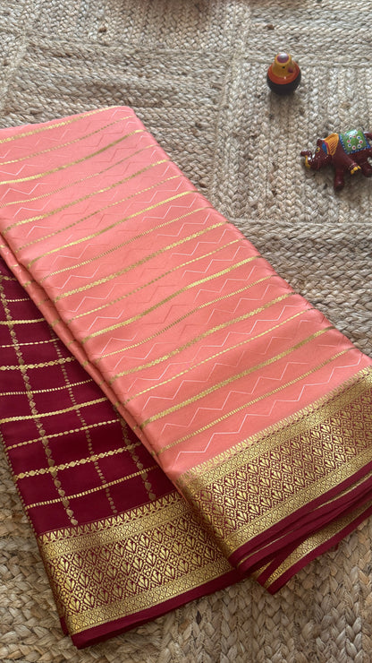 Pure Mysore Silk | Bespoke - HnH Checks Peach n Brown - Mysuru - 05
