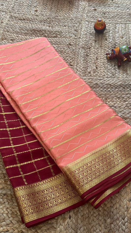 Pure Mysore Silk | Bespoke - HnH Checks Peach n Brown - Mysuru - 05