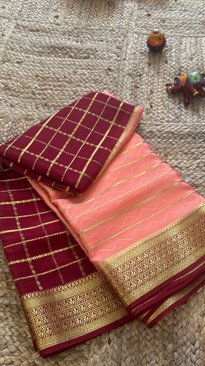 Pure Mysore Silk | Bespoke - HnH Checks Peach n Brown - Mysuru - 05