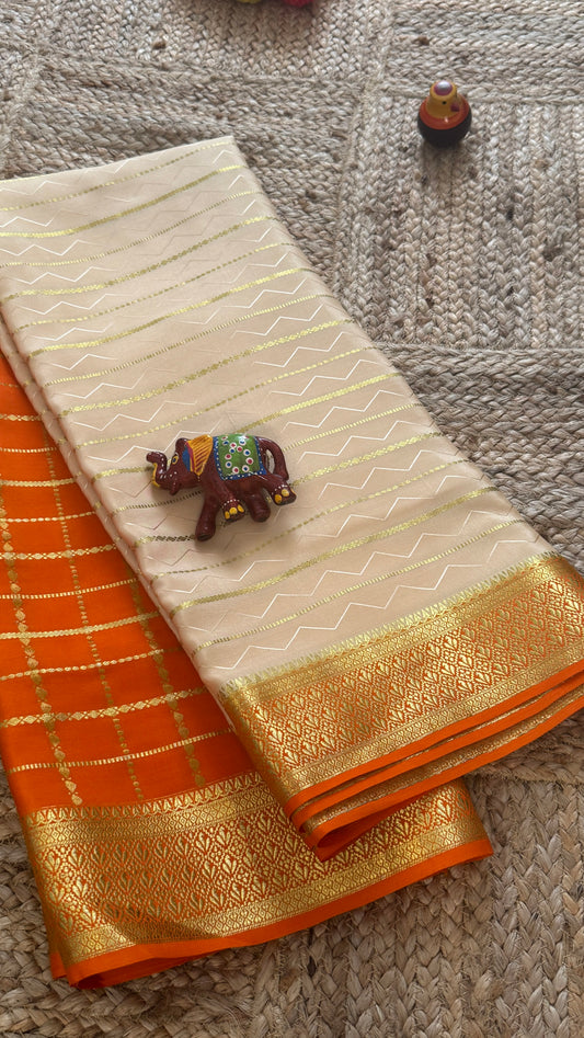 Pure Mysore Silk | Bespoke - HnH Checks Cream n Orange - Mysuru - 05