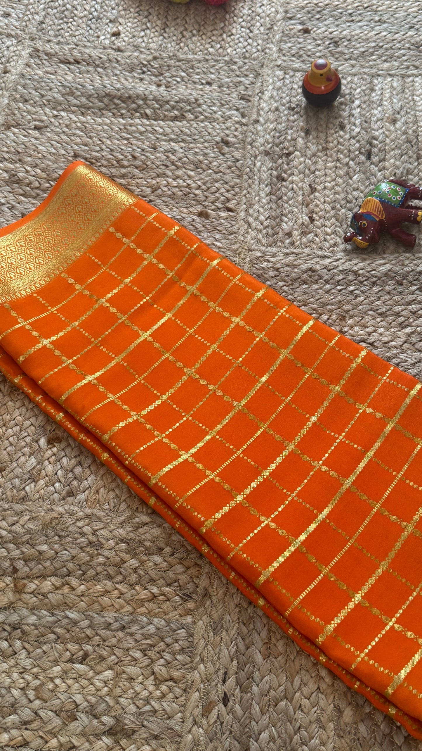 Pure Mysore Silk | Bespoke - HnH Checks Cream n Orange - Mysuru - 05