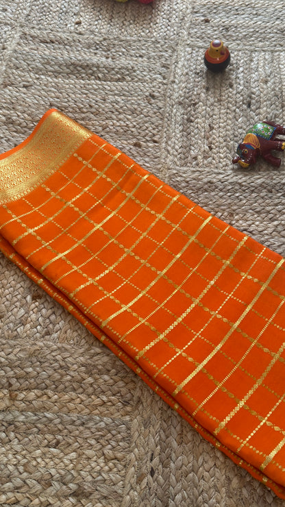 Pure Mysore Silk | Bespoke - HnH Checks Cream n Orange - Mysuru - 05