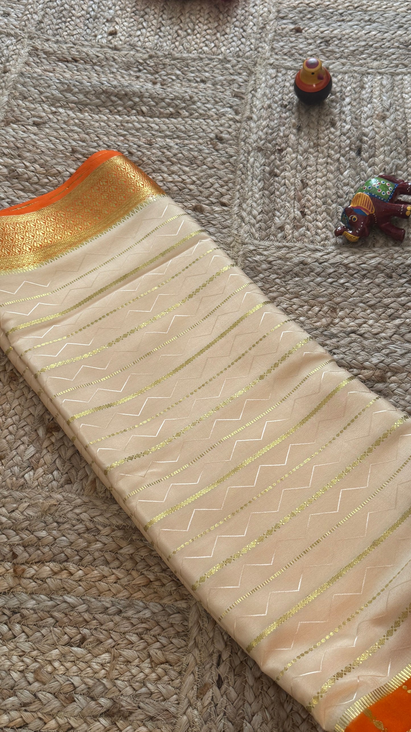 Pure Mysore Silk | Bespoke - HnH Checks Cream n Orange - Mysuru - 05