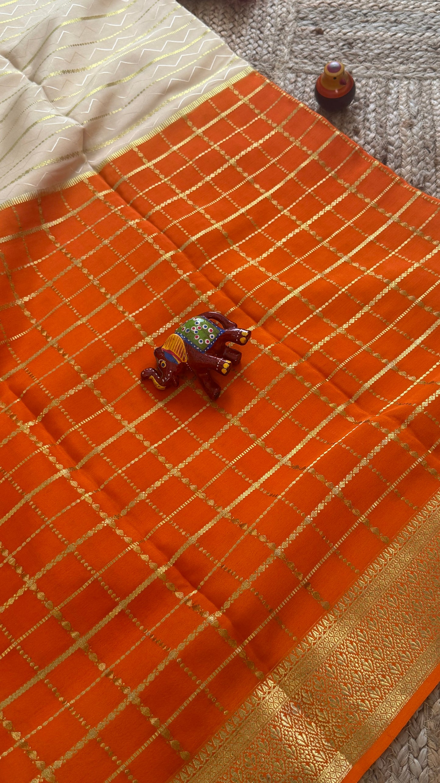 Pure Mysore Silk | Bespoke - HnH Checks Cream n Orange - Mysuru - 05