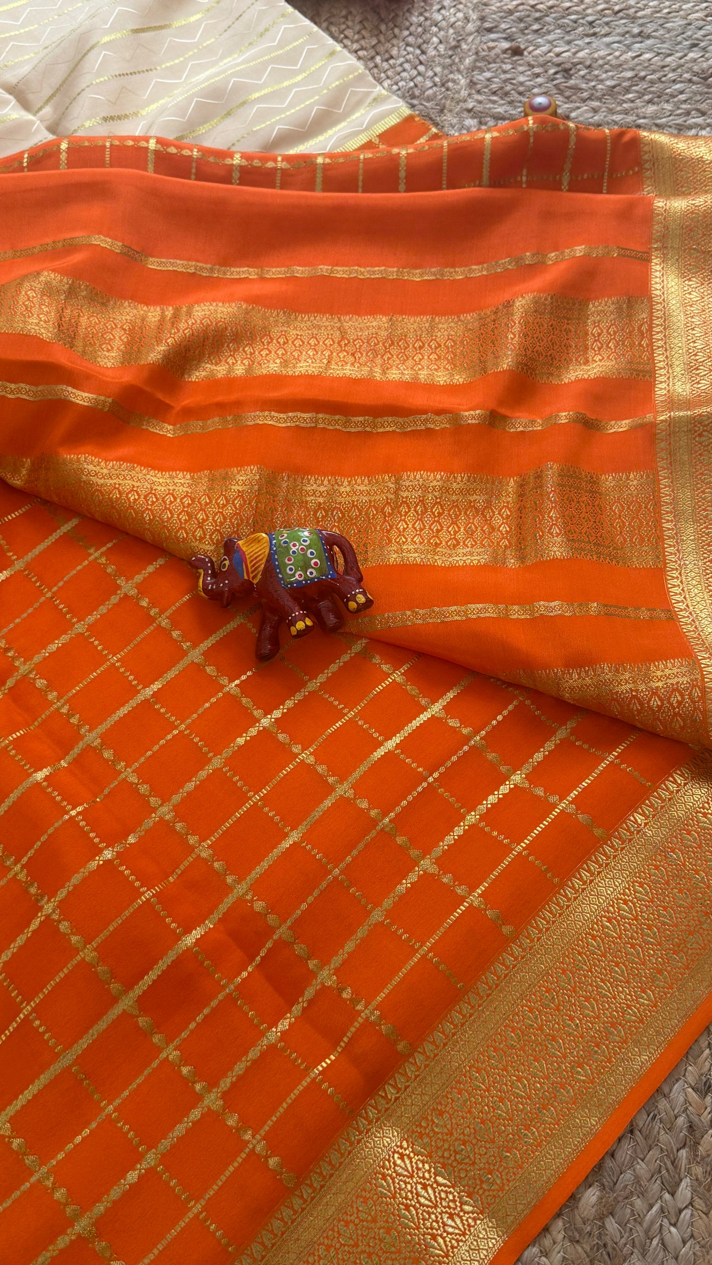 Pure Mysore Silk | Bespoke - HnH Checks Cream n Orange - Mysuru - 05