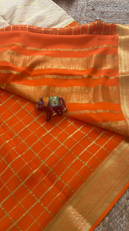 Pure Mysore Silk | Bespoke - HnH Checks Cream n Orange - Mysuru - 05