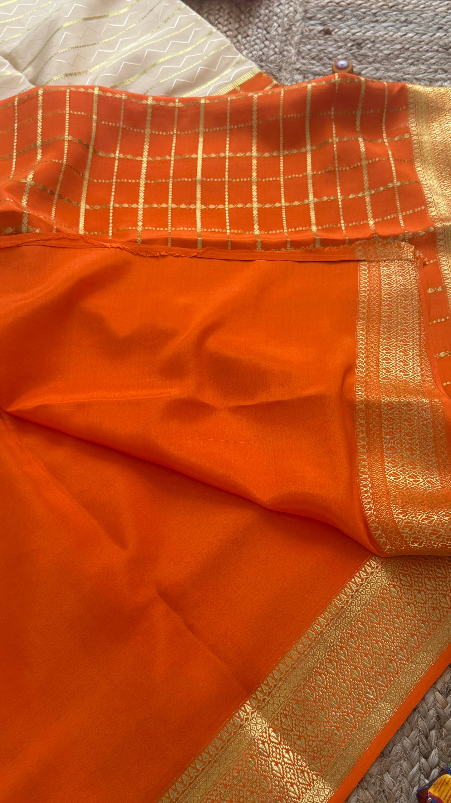 Pure Mysore Silk | Bespoke - HnH Checks Cream n Orange - Mysuru - 05