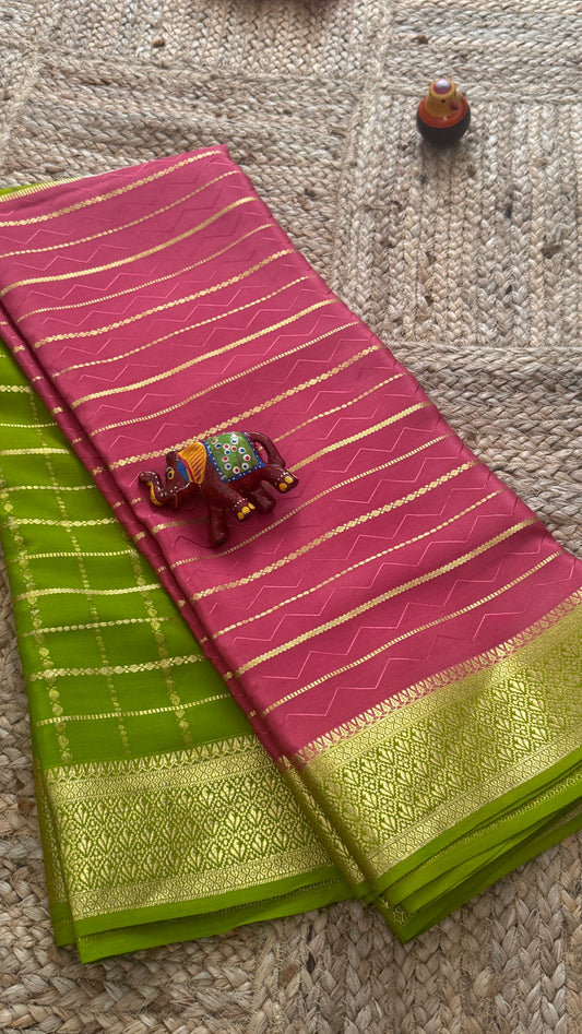Pure Mysore Silk | Bespoke - HnH Checks Pink n Green - Mysuru - 05