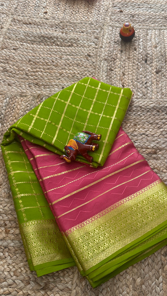 Pure Mysore Silk | Bespoke - HnH Checks Pink n Green - Mysuru - 05