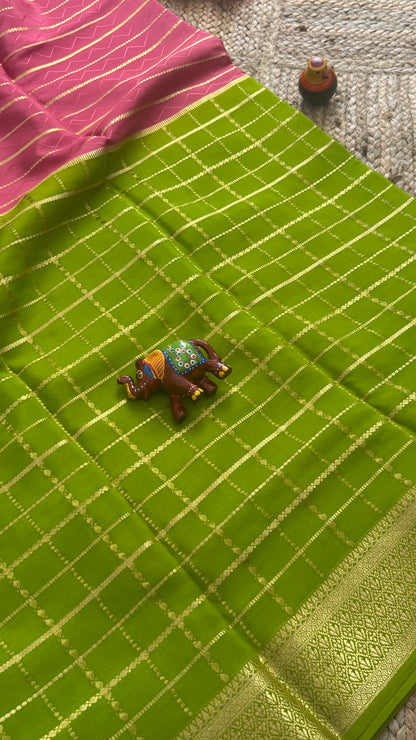 Pure Mysore Silk | Bespoke - HnH Checks Pink n Green - Mysuru - 05