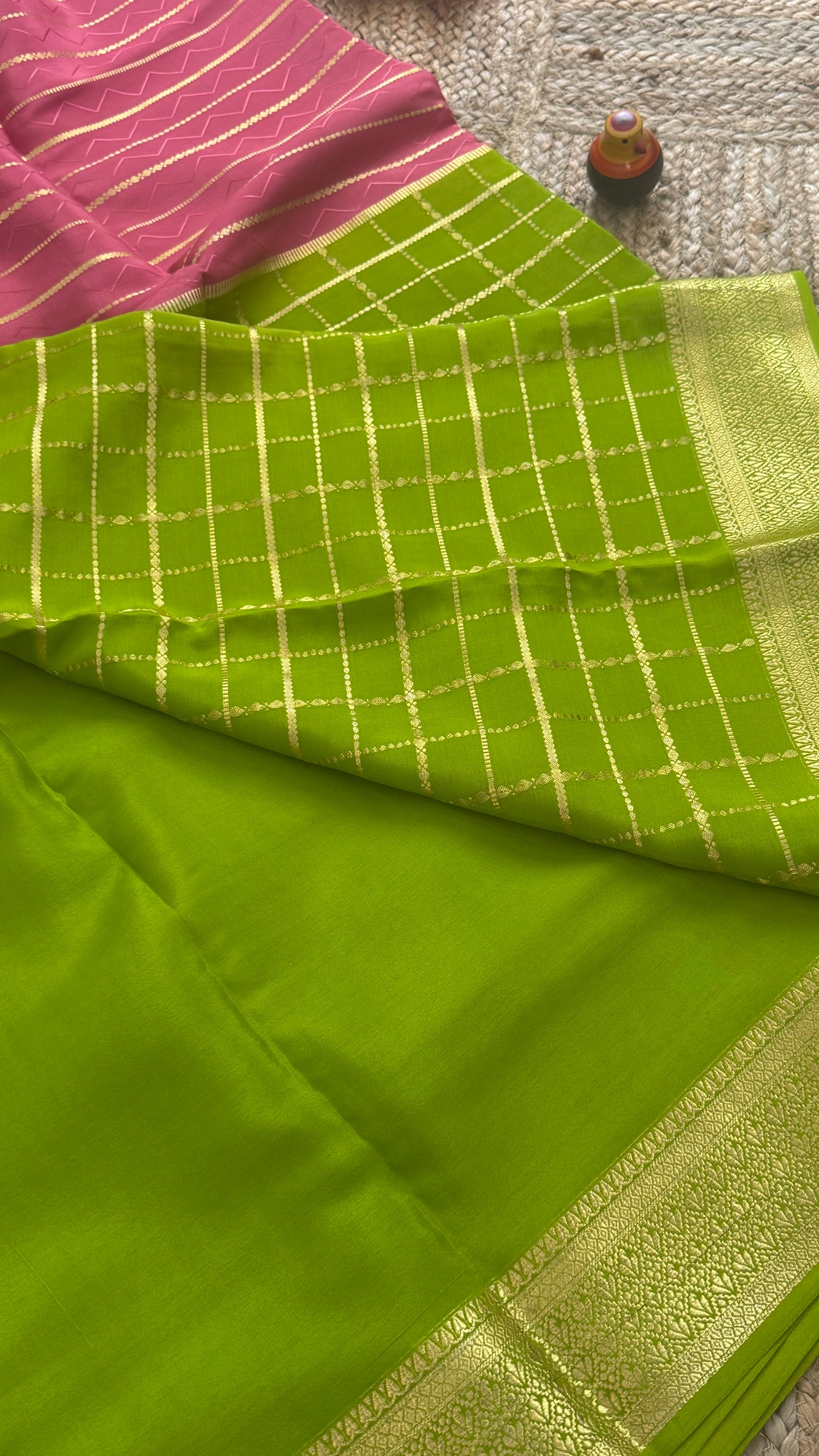Pure Mysore Silk | Bespoke - HnH Checks Pink n Green - Mysuru - 05