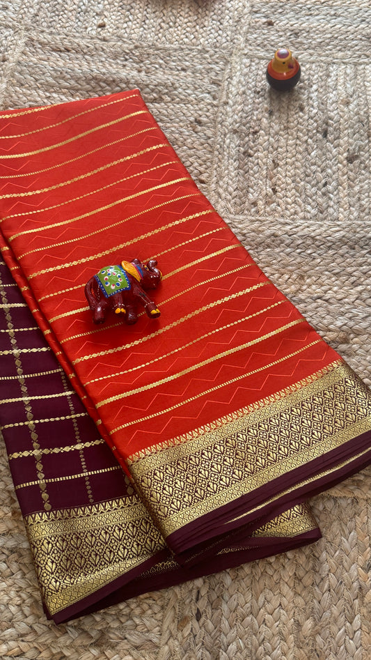Pure Mysore Silk | Bespoke - HnH Checks Orange n Brown - Mysuru - 05