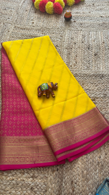 Pure Mysore Silk | Bespoke - HnH Brocade Yellow n Pink - Mysuru - 05