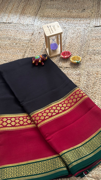 Pure Mysore Silk Saree - Bentex 3D Black with Maroon Boarder