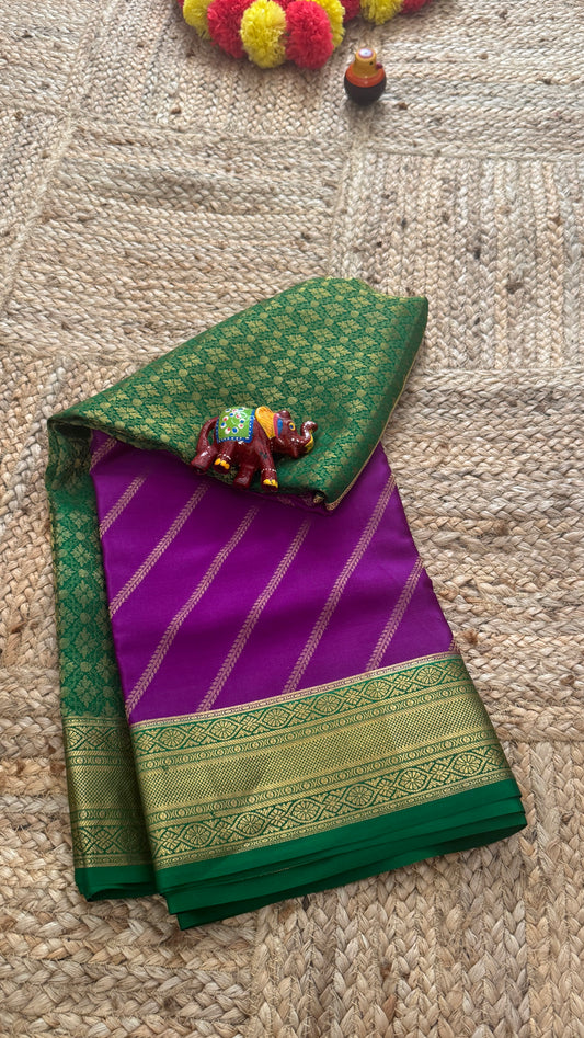 Pure Mysore Silk | Bespoke - HnH Brocade Purple n Green - Mysuru - 05