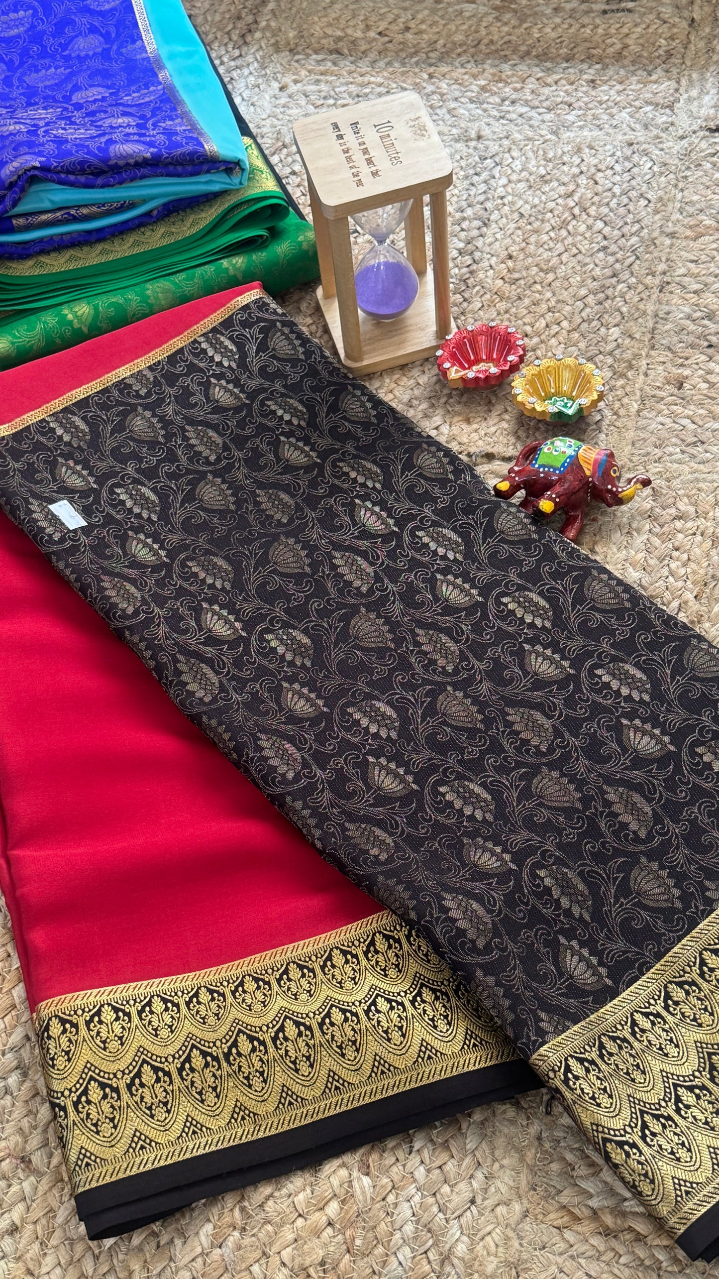 Pure Mysore Silk Saree - Half and Half Brocade - Red and Black