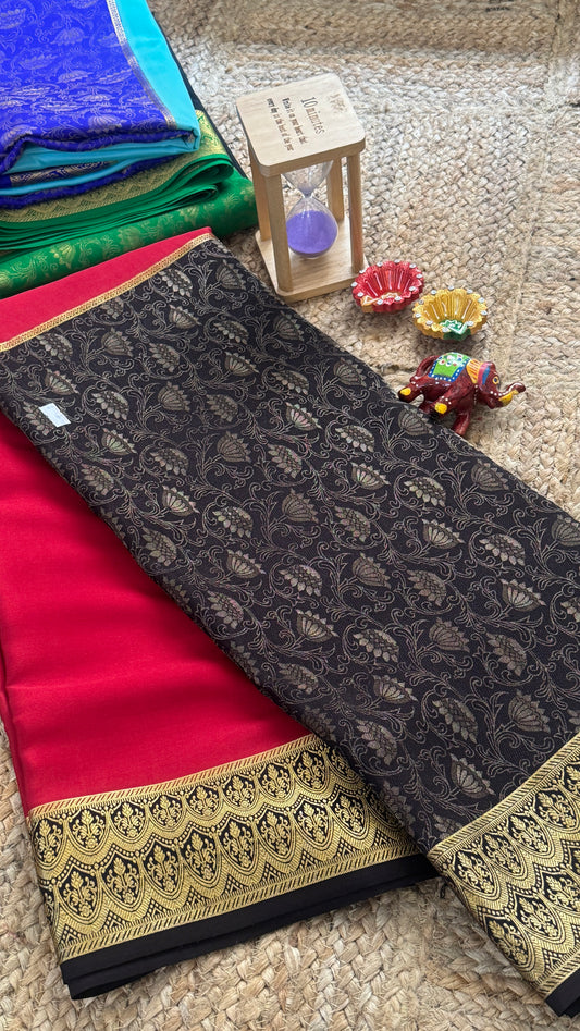 Pure Mysore Silk Saree - Half and Half Brocade - Red and Black