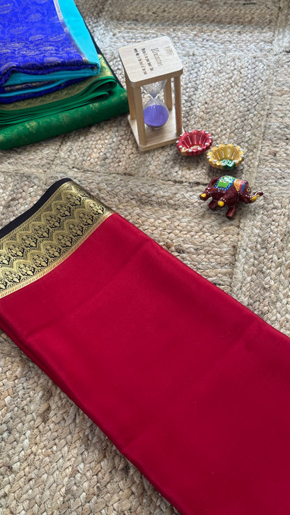 Pure Mysore Silk Saree - Half and Half Brocade - Red and Black