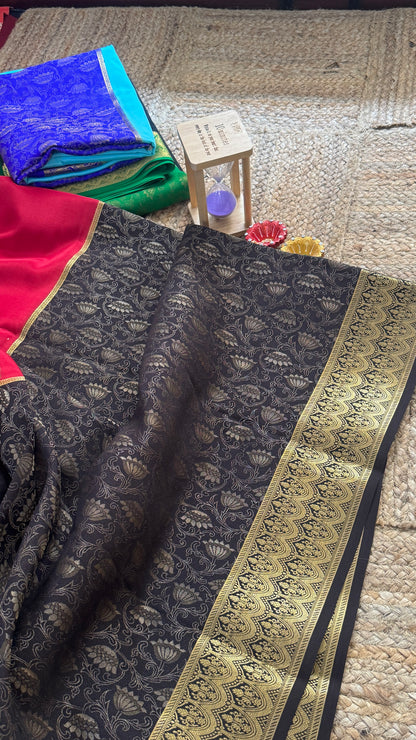 Pure Mysore Silk Saree - Half and Half Brocade - Red and Black