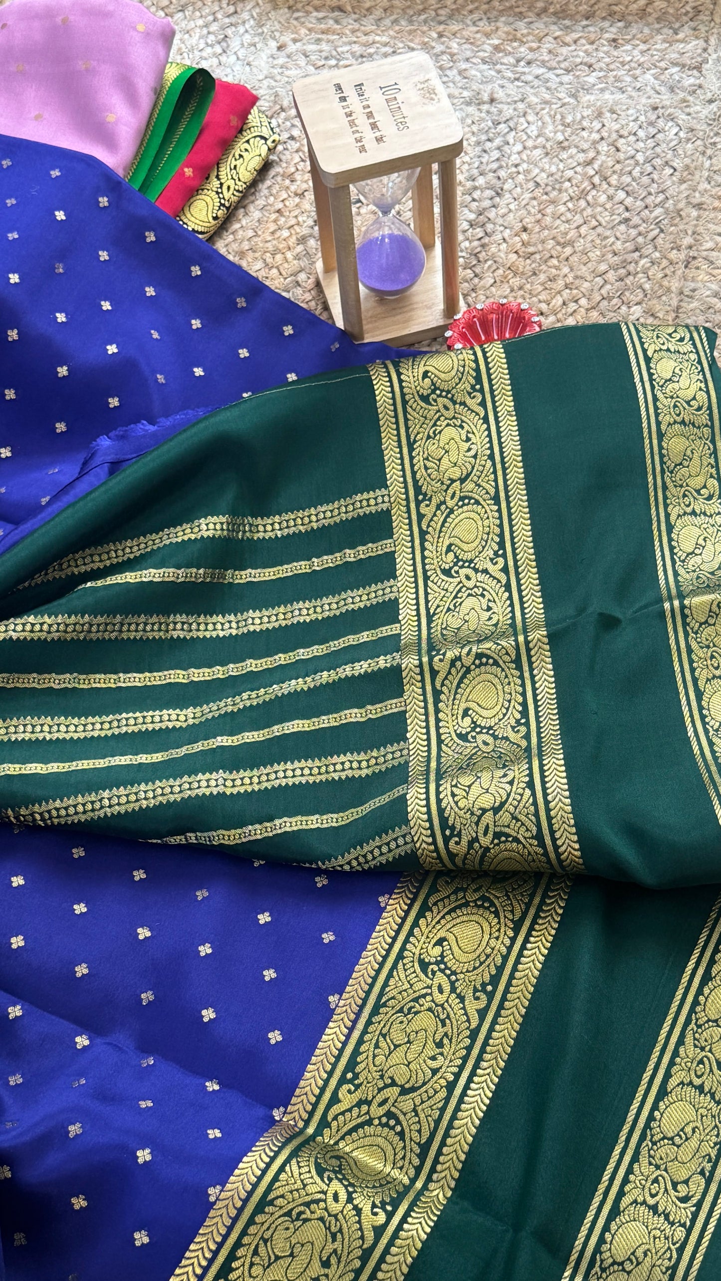 Pure Mysore Silk Saree - Body Button Bentex - Blue and Green