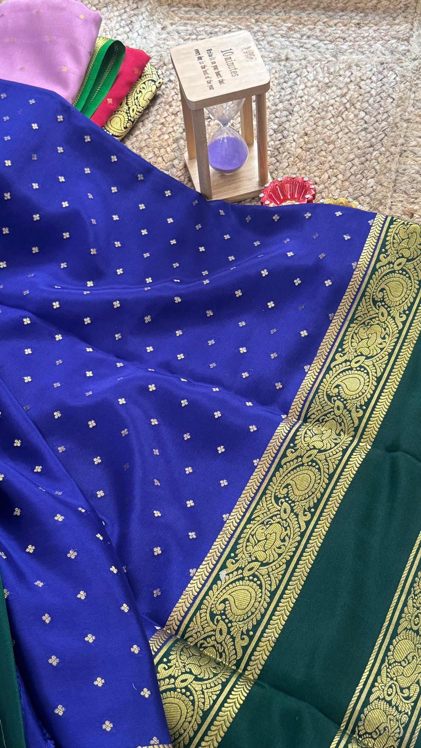 Pure Mysore Silk Saree - Body Button Bentex - Blue and Green